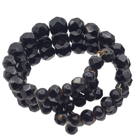 Black Glass Jet Beaded Wire Wrap Bracelet Faceted Coil Gothic Victorian Mourning - Picture 3 of 5